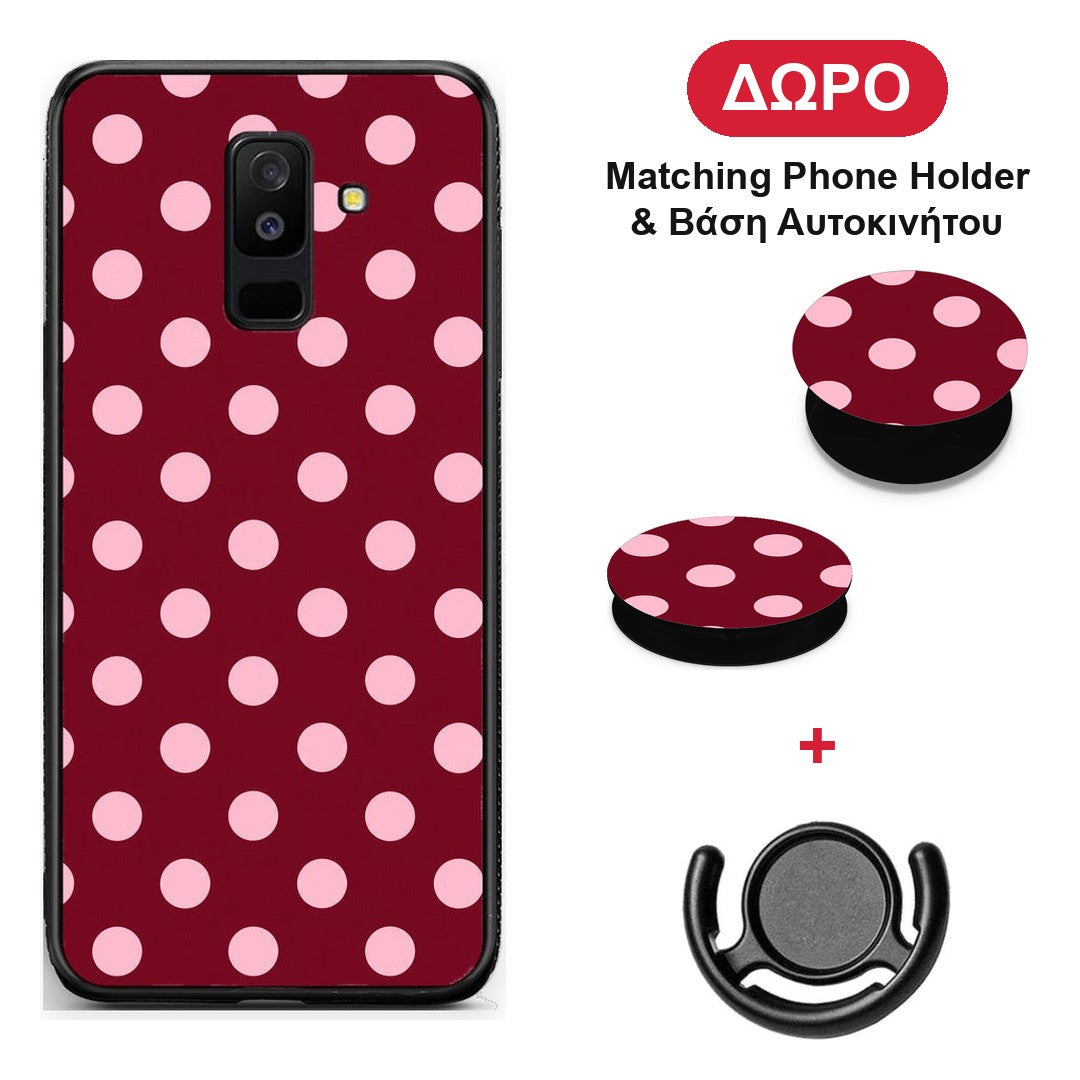 Pink Polka Dots on Burgundy - Samsung Galaxy A6+ 2018 θήκη + Δώρο Phone Holder & Βάση Αυτοκινήτου