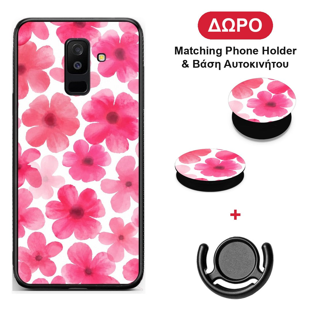 Pink Watercolour Flowers on White - Samsung Galaxy A6+ 2018 θήκη + Δώρο Phone Holder & Βάση Αυτοκινήτου