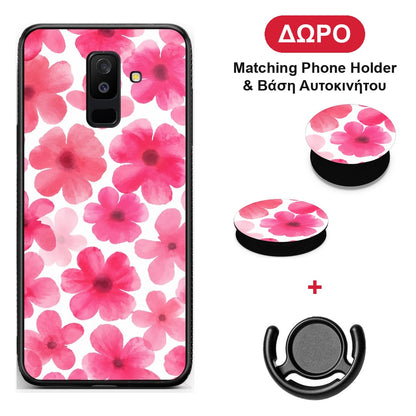 Pink Watercolour Flowers on White - Samsung Galaxy A6+ 2018 θήκη + Δώρο Phone Holder & Βάση Αυτοκινήτου