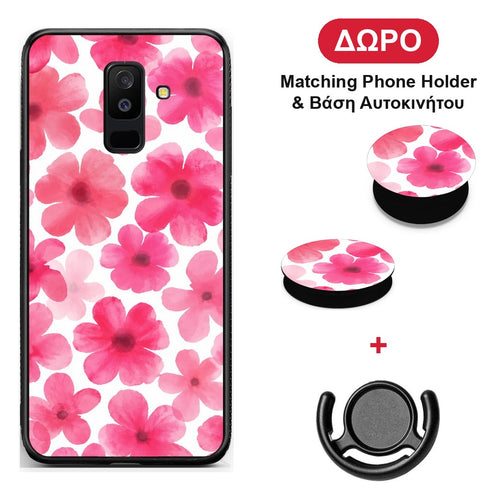 Pink Watercolour Flowers on White - Samsung Galaxy A6+ 2018 θήκη + Δώρο Phone Holder & Βάση Αυτοκινήτου