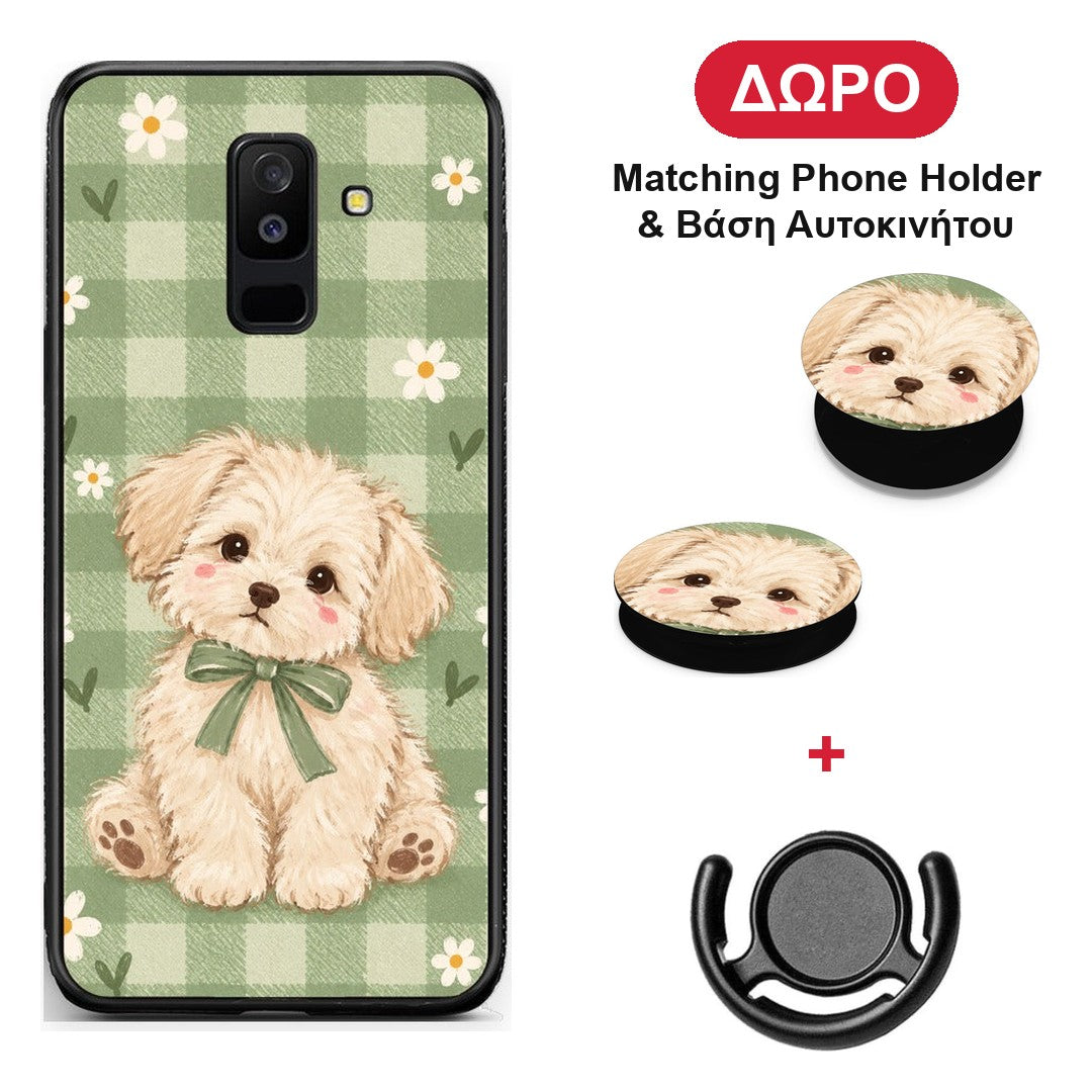 Puppy and Daisies on Sage Gingham - Samsung Galaxy A6+ 2018 θήκη + Δώρο Phone Holder & Βάση Αυτοκινήτου