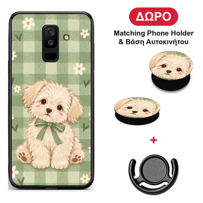 Puppy and Daisies on Sage Gingham - Samsung Galaxy A6+ 2018 θήκη + Δώρο Phone Holder & Βάση Αυτοκινήτου
