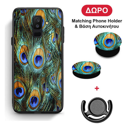 Real Peacock Feathers - Samsung Galaxy A6+ 2018 θήκη + Δώρο Phone Holder & Βάση Αυτοκινήτου