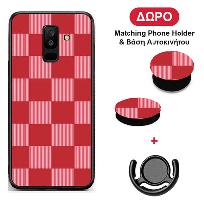 Red and Pink Striped Checks - Samsung Galaxy A6+ 2018 θήκη + Δώρο Phone Holder & Βάση Αυτοκινήτου