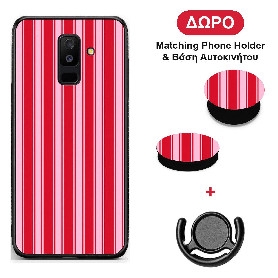 Red and Pink Vertical Pinstripes - Samsung Galaxy A6+ 2018 θήκη + Δώρο Phone Holder & Βάση Αυτοκινήτου