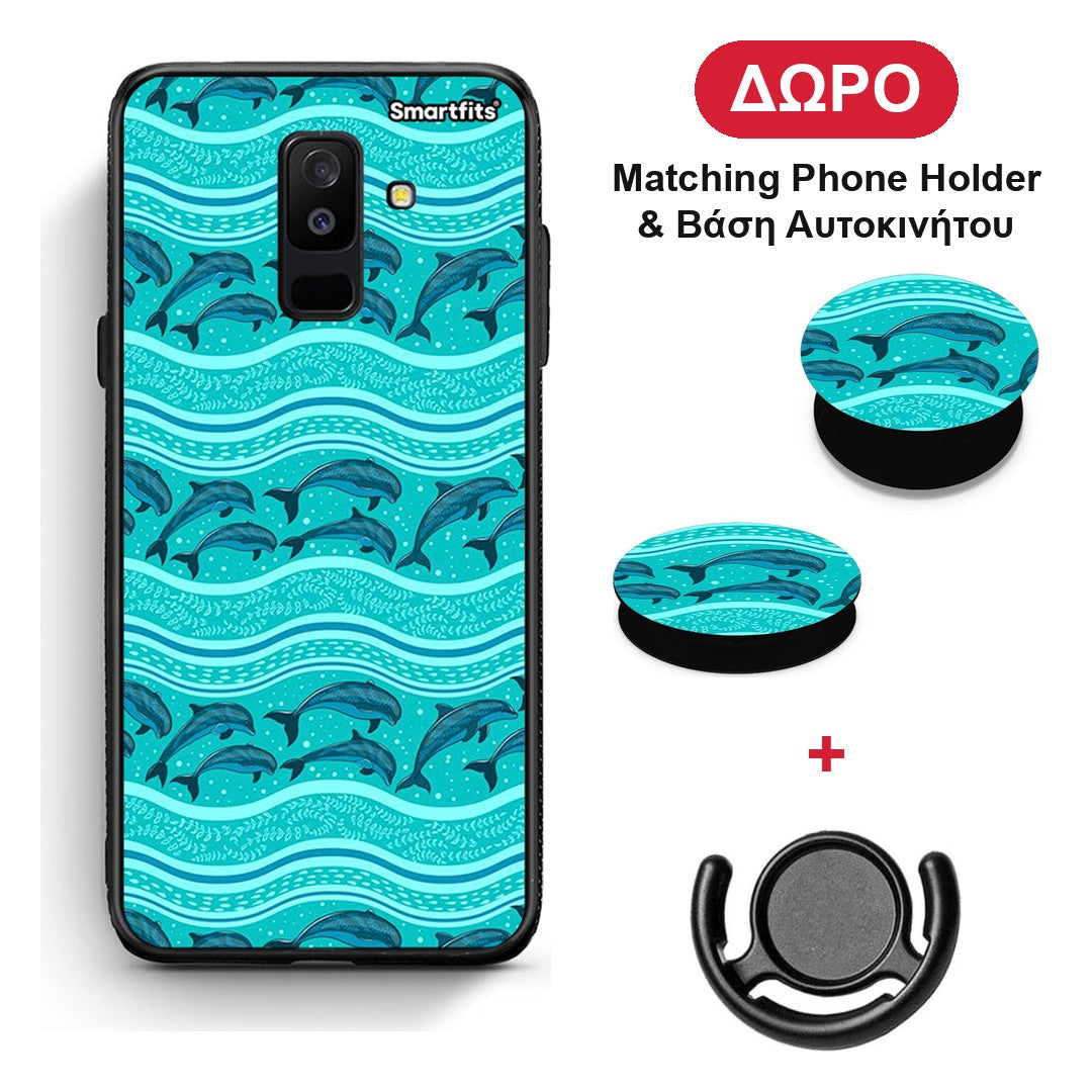 Swimming Dolphins - Samsung Galaxy A6+ 2018 θήκη + Δώρο Phone Holder & Βάση Αυτοκινήτου