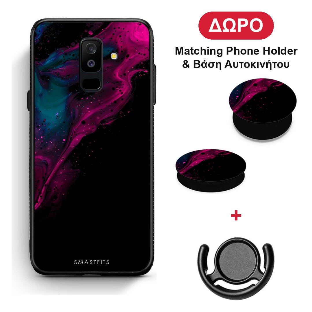 Watercolor Pink Black - Samsung Galaxy A6+ 2018 θήκη + Δώρο Phone Holder & Βάση Αυτοκινήτου