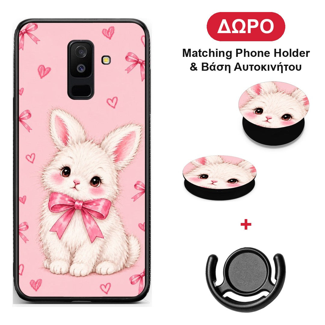 White Bunny and Pink Bows - Samsung Galaxy A6+ 2018 θήκη + Δώρο Phone Holder & Βάση Αυτοκινήτου