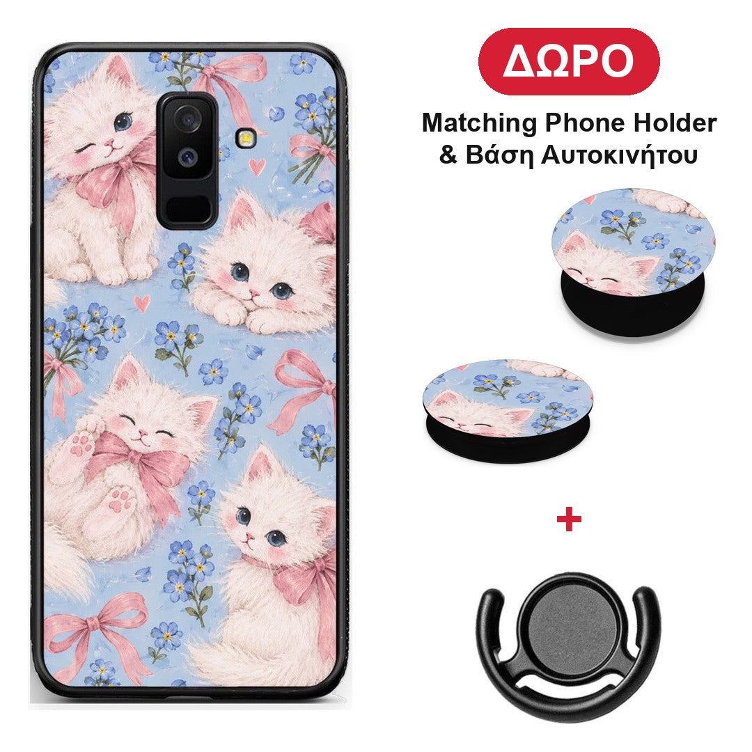White Kittens and Blue Flowers Large - Samsung Galaxy A6+ 2018 θήκη + Δώρο Phone Holder & Βάση Αυτοκινήτου