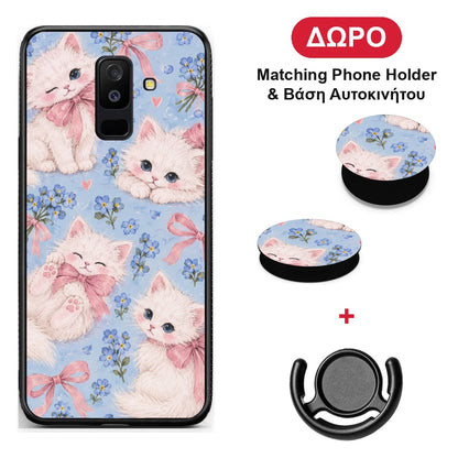 White Kittens and Blue Flowers Large - Samsung Galaxy A6+ 2018 θήκη + Δώρο Phone Holder & Βάση Αυτοκινήτου