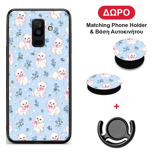 White Kittens and Blue Flowers Small - Samsung Galaxy A6+ 2018 θήκη + Δώρο Phone Holder & Βάση Αυτοκινήτου