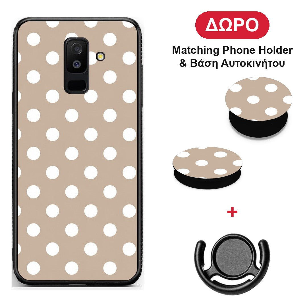White Polka Dots on Taupe - Samsung Galaxy A6+ 2018 θήκη + Δώρο Phone Holder & Βάση Αυτοκινήτου