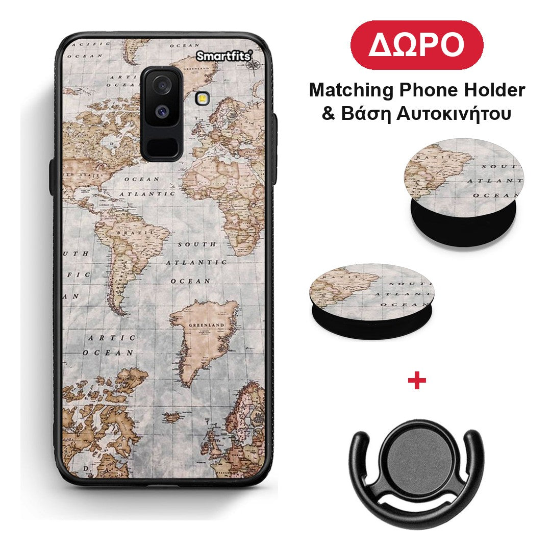 World Map - Samsung Galaxy A6+ 2018 θήκη + Δώρο Phone Holder & Βάση Αυτοκινήτου