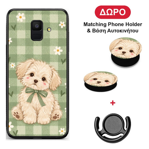 Puppy and Daisies on Sage Gingham - Samsung Galaxy A6 2018 θήκη + Δώρο Phone Holder & Βάση Αυτοκινήτου