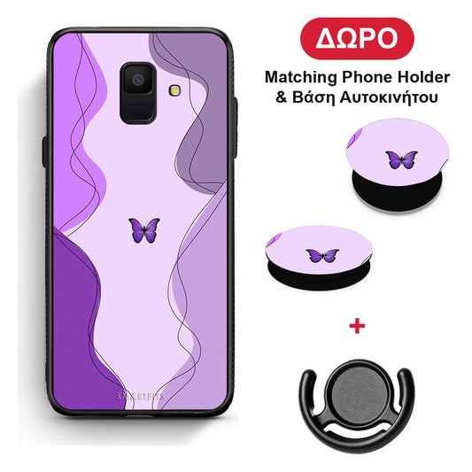 Purple Mariposa - Samsung Galaxy A6 2018 θήκη + Δώρο Phone Holder & Βάση Αυτοκινήτου