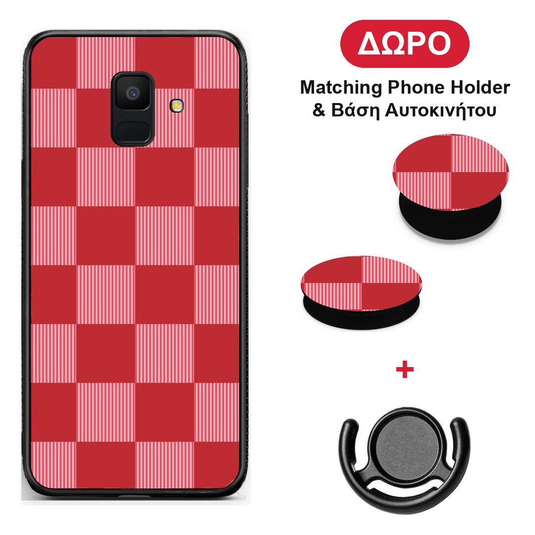 Red and Pink Striped Checks - Samsung Galaxy A6 2018 θήκη + Δώρο Phone Holder & Βάση Αυτοκινήτου