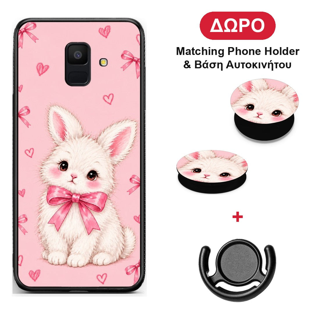 White Bunny and Pink Bows - Samsung Galaxy A6 2018 θήκη + Δώρο Phone Holder & Βάση Αυτοκινήτου