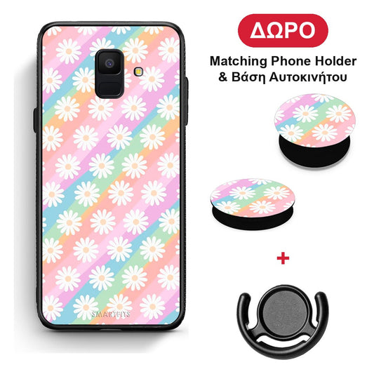 White Daisies - Samsung Galaxy A6 2018 θήκη + Δώρο Phone Holder & Βάση Αυτοκινήτου