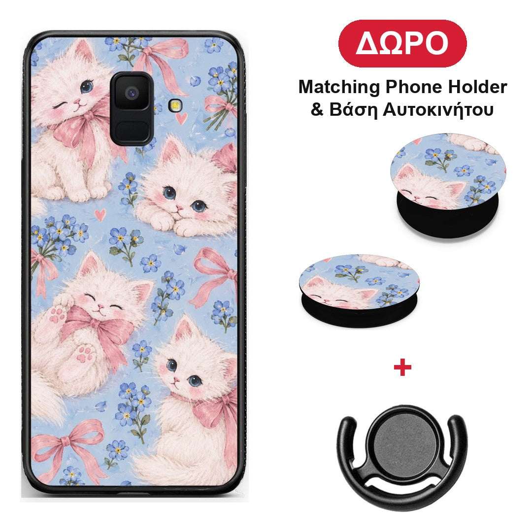 White Kittens and Blue Flowers Large - Samsung Galaxy A6 2018 θήκη + Δώρο Phone Holder & Βάση Αυτοκινήτου