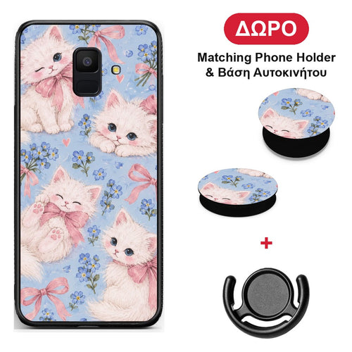 White Kittens and Blue Flowers Large - Samsung Galaxy A6 2018 θήκη + Δώρο Phone Holder & Βάση Αυτοκινήτου