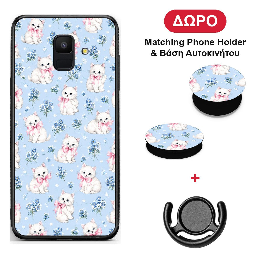 White Kittens and Blue Flowers Small - Samsung Galaxy A6 2018 θήκη + Δώρο Phone Holder & Βάση Αυτοκινήτου