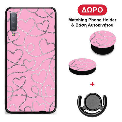 Barbed Wire Hearts on Pink - Samsung Galaxy A7 2018 θήκη + Δώρο Phone Holder & Βάση Αυτοκινήτου