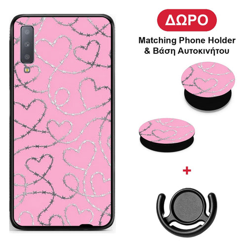 Barbed Wire Hearts on Pink - Samsung Galaxy A7 2018 θήκη + Δώρο Phone Holder & Βάση Αυτοκινήτου