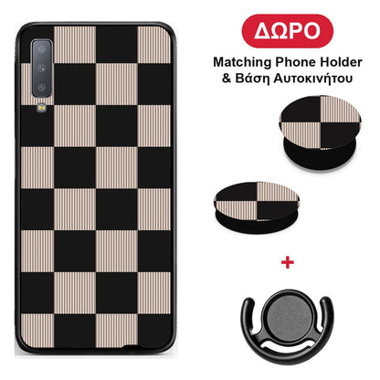 Black and Taupe Striped Checks - Samsung Galaxy A7 2018 θήκη + Δώρο Phone Holder & Βάση Αυτοκινήτου