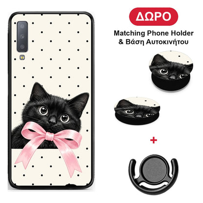 Black Kitten Pink Bow and Polka Dots - Samsung Galaxy A7 2018 θήκη + Δώρο Phone Holder & Βάση Αυτοκινήτου