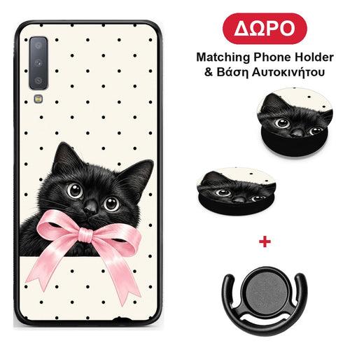 Black Kitten Pink Bow and Polka Dots - Samsung Galaxy A7 2018 θήκη + Δώρο Phone Holder & Βάση Αυτοκινήτου