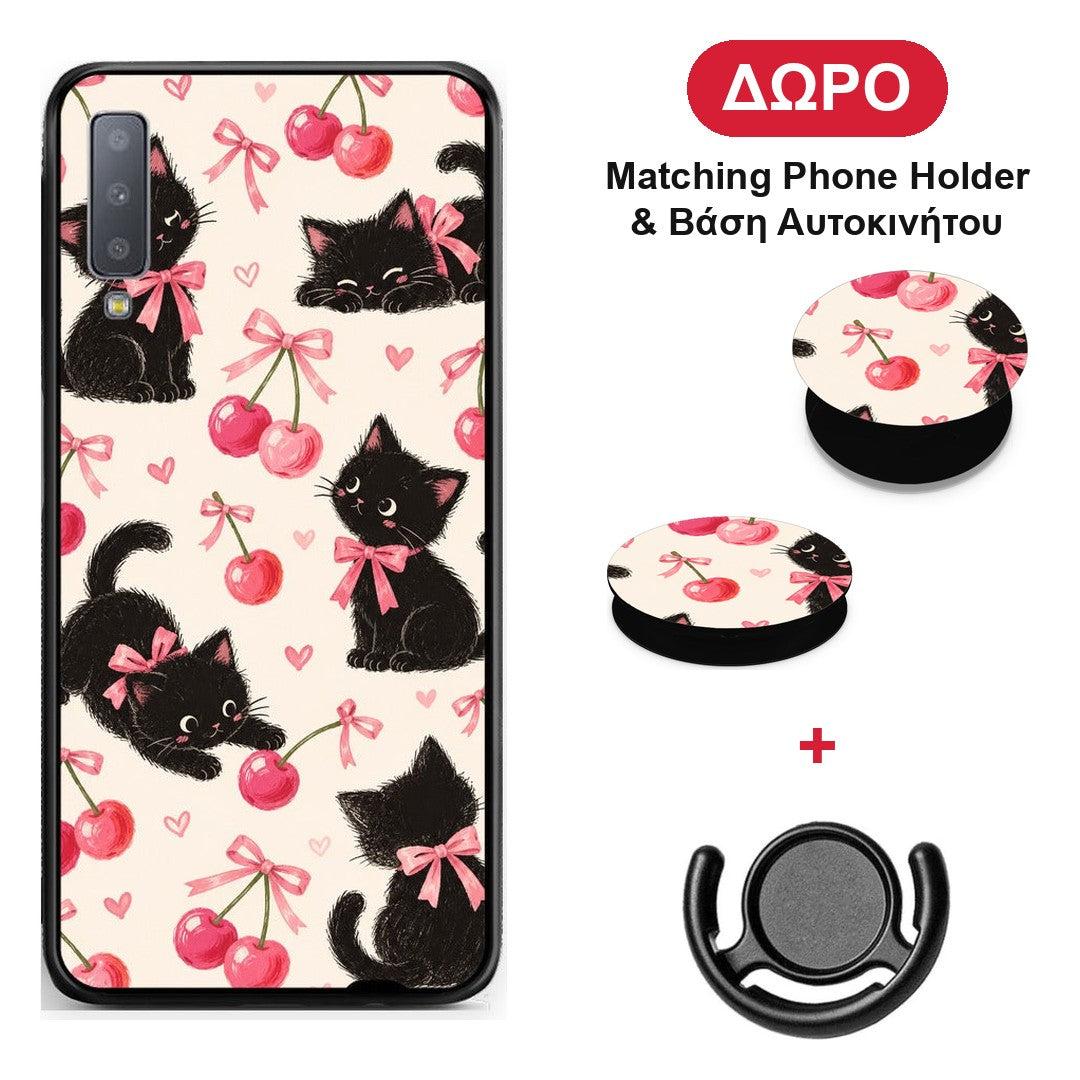Black Kittens and Cherries on Cream - Samsung Galaxy A7 2018 θήκη + Δώρο Phone Holder & Βάση Αυτοκινήτου