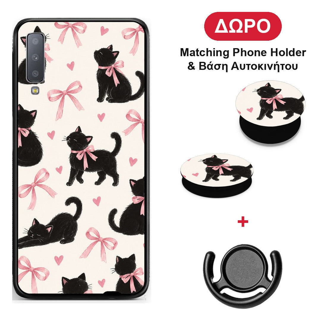 Black Kittens and Pink Bows on Cream Large - Samsung Galaxy A7 2018 θήκη + Δώρο Phone Holder & Βάση Αυτοκινήτου