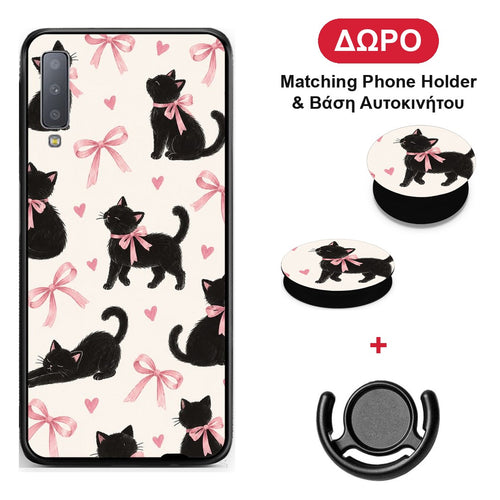 Black Kittens and Pink Bows on Cream Large - Samsung Galaxy A7 2018 θήκη + Δώρο Phone Holder & Βάση Αυτοκινήτου