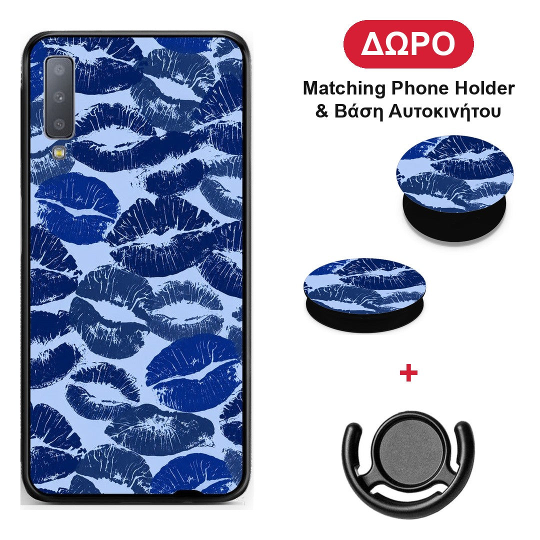 Blue Lipstick Kisses - Samsung Galaxy A7 2018 θήκη + Δώρο Phone Holder & Βάση Αυτοκινήτου
