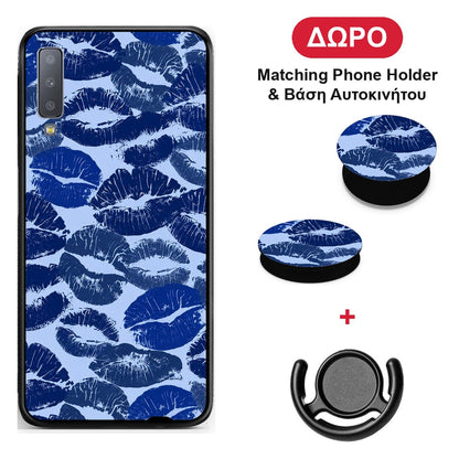 Blue Lipstick Kisses - Samsung Galaxy A7 2018 θήκη + Δώρο Phone Holder & Βάση Αυτοκινήτου