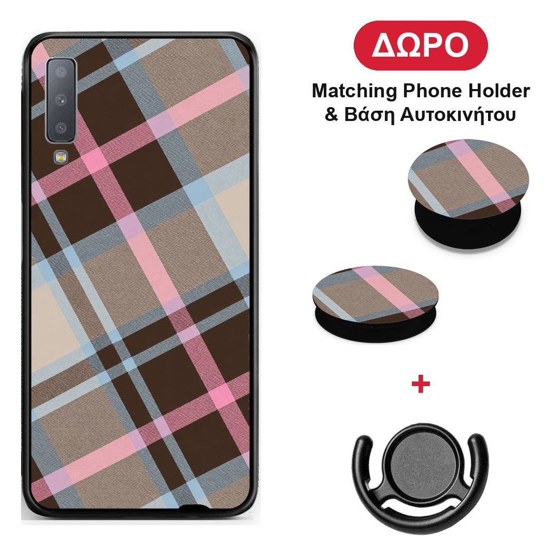 Brown Pink and Blue Diagonal Plaid - Samsung Galaxy A7 2018 θήκη + Δώρο Phone Holder & Βάση Αυτοκινήτου