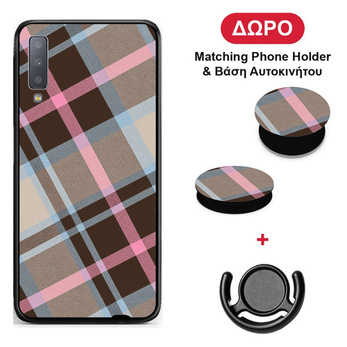 Brown Pink and Blue Diagonal Plaid - Samsung Galaxy A7 2018 θήκη + Δώρο Phone Holder & Βάση Αυτοκινήτου