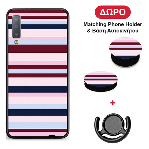 Burgundy Pink and Blue Horizontal Stripes - Samsung Galaxy A7 2018 θήκη + Δώρο Phone Holder & Βάση Αυτοκινήτου