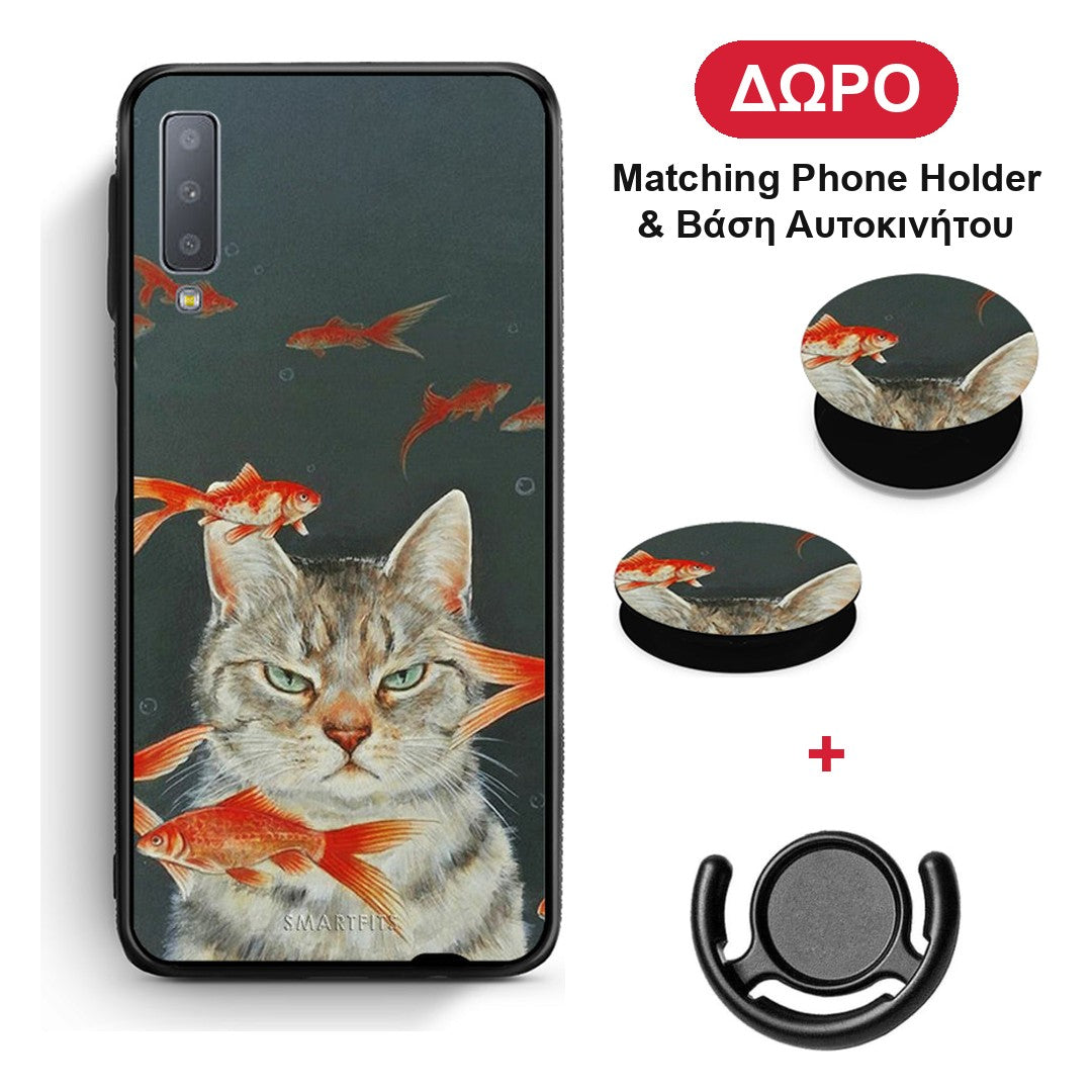 Cat Goldfish - Samsung Galaxy A7 2018 θήκη + Δώρο Phone Holder & Βάση Αυτοκινήτου