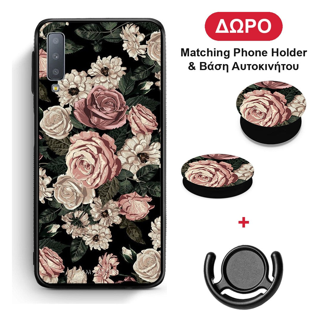 Flower Wild Roses - Samsung Galaxy A7 2018 θήκη + Δώρο Phone Holder & Βάση Αυτοκινήτου