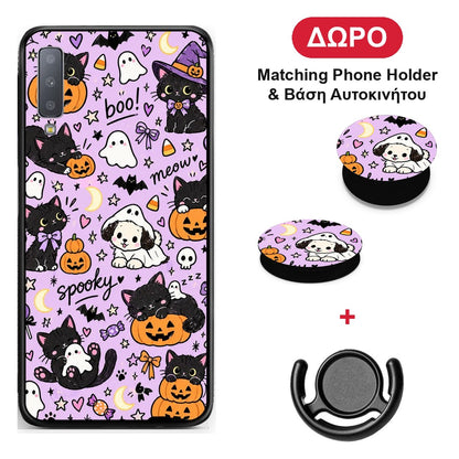 Halloween Black Cats on Lilac - Samsung Galaxy A7 2018 θήκη + Δώρο Phone Holder & Βάση Αυτοκινήτου
