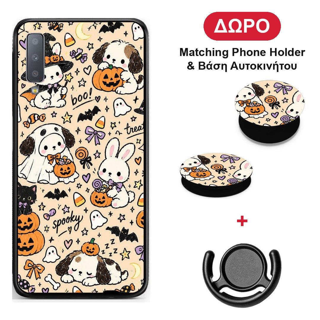Halloween Puppies and Friends on Cream - Samsung Galaxy A7 2018 θήκη + Δώρο Phone Holder & Βάση Αυτοκινήτου