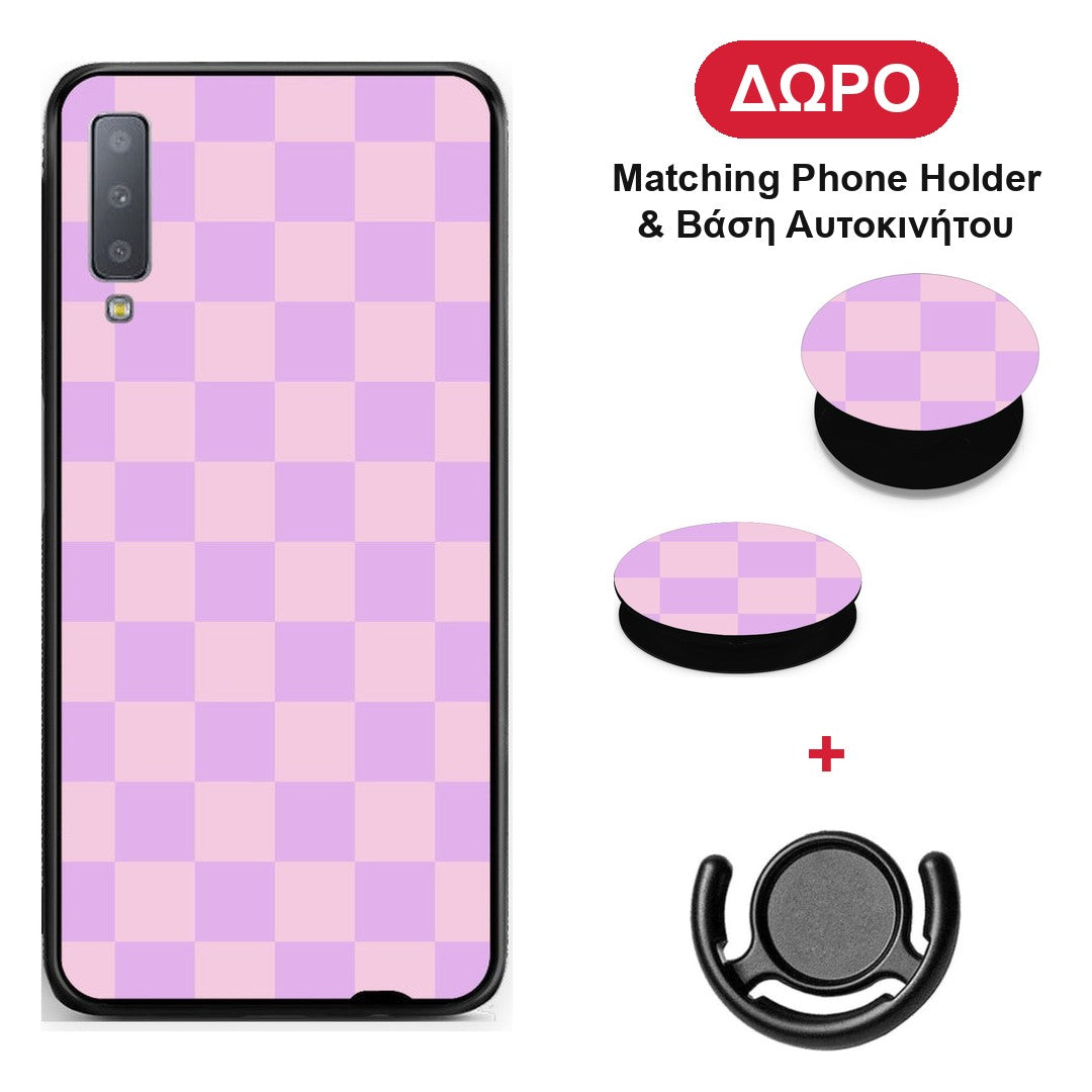 Lavender and Pink Checkerboard - Samsung Galaxy A7 2018 θήκη + Δώρο Phone Holder & Βάση Αυτοκινήτου