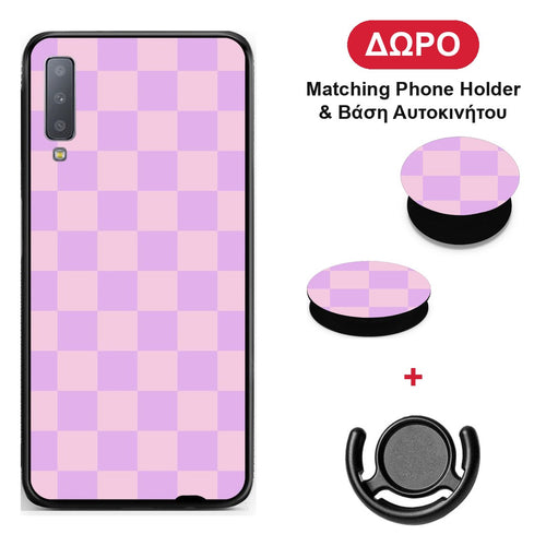 Lavender and Pink Checkerboard - Samsung Galaxy A7 2018 θήκη + Δώρο Phone Holder & Βάση Αυτοκινήτου