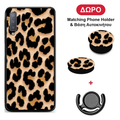 Leopard Print Tan Large - Samsung Galaxy A7 2018 θήκη + Δώρο Phone Holder & Βάση Αυτοκινήτου