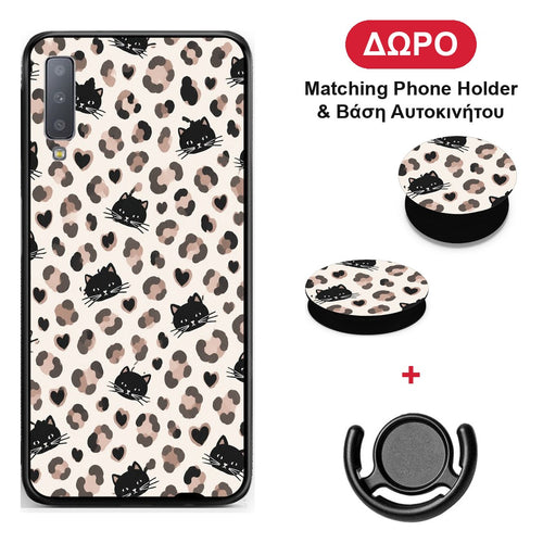 Leopard Spots and Black Cats on Cream - Samsung Galaxy A7 2018 θήκη + Δώρο Phone Holder & Βάση Αυτοκινήτου