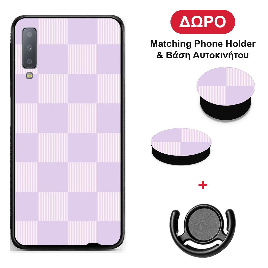 Lilac and Cream Striped Checks - Samsung Galaxy A7 2018 θήκη + Δώρο Phone Holder & Βάση Αυτοκινήτου