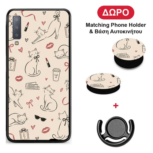 Minimal Cat and Fashion Doodles on Cream - Samsung Galaxy A7 2018 θήκη + Δώρο Phone Holder & Βάση Αυτοκινήτου