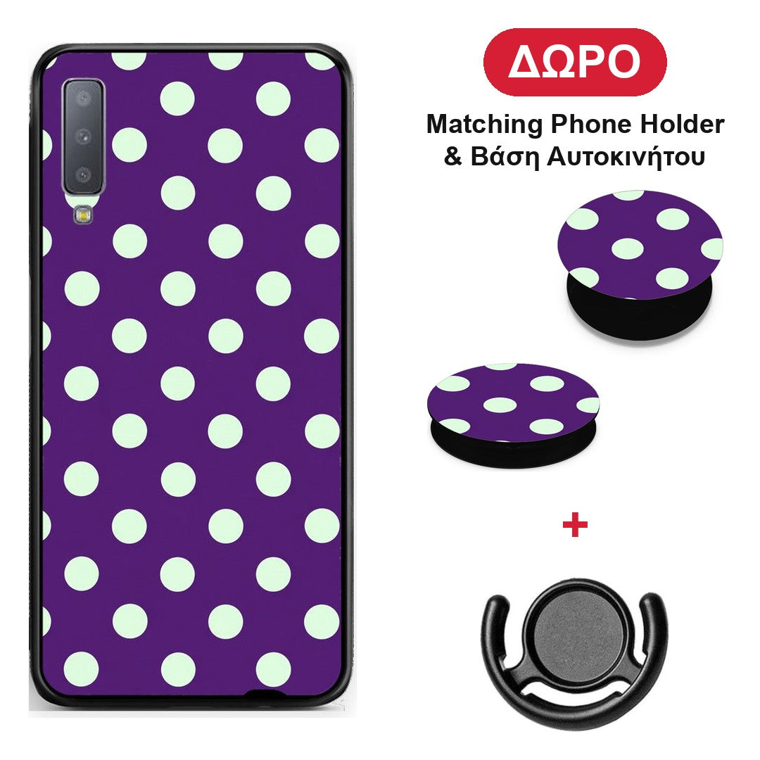 Mint Polka Dots on Purple - Samsung Galaxy A7 2018 θήκη + Δώρο Phone Holder & Βάση Αυτοκινήτου