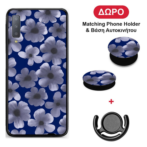 Pale Blue Flowers on Navy - Samsung Galaxy A7 2018 θήκη + Δώρο Phone Holder & Βάση Αυτοκινήτου